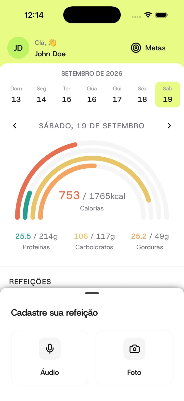 Tela do NaCal para cadastrar uma refeição, com as opções de áudio e foto.