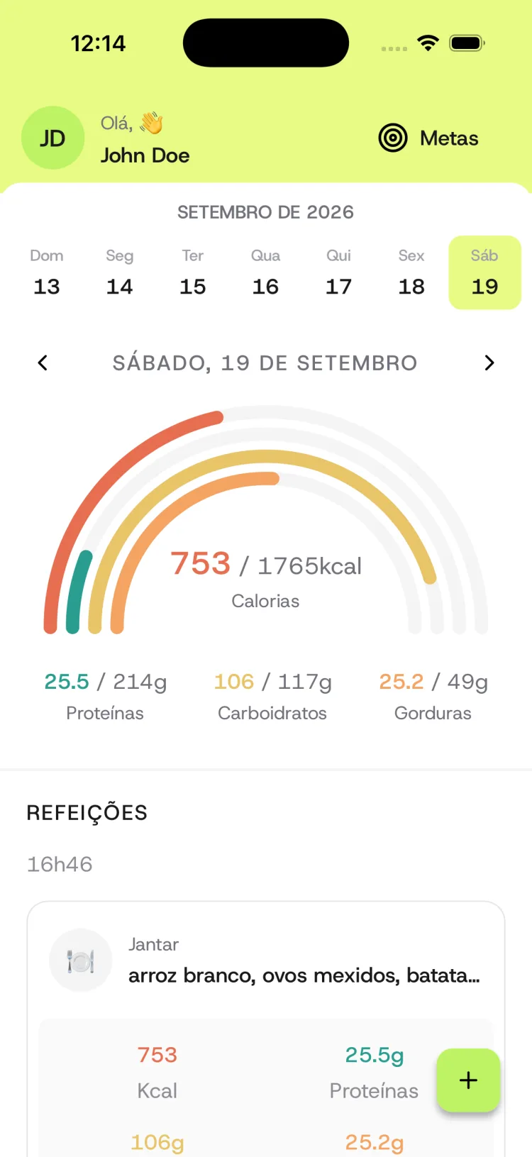 Tela inicial do NaCal mostrando o calendário da semana, o arco de calorias e macronutrientes do dia e a lista de refeições registradas.